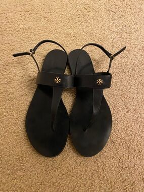 Tory Burch Black Leather T-Strap Sandals